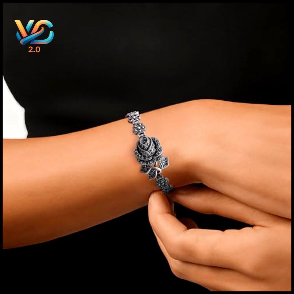 Vintage Silver Link Bracelet Marcasite Rose Flower Design Elegant Cuff‎ - Picture 2 of 7
